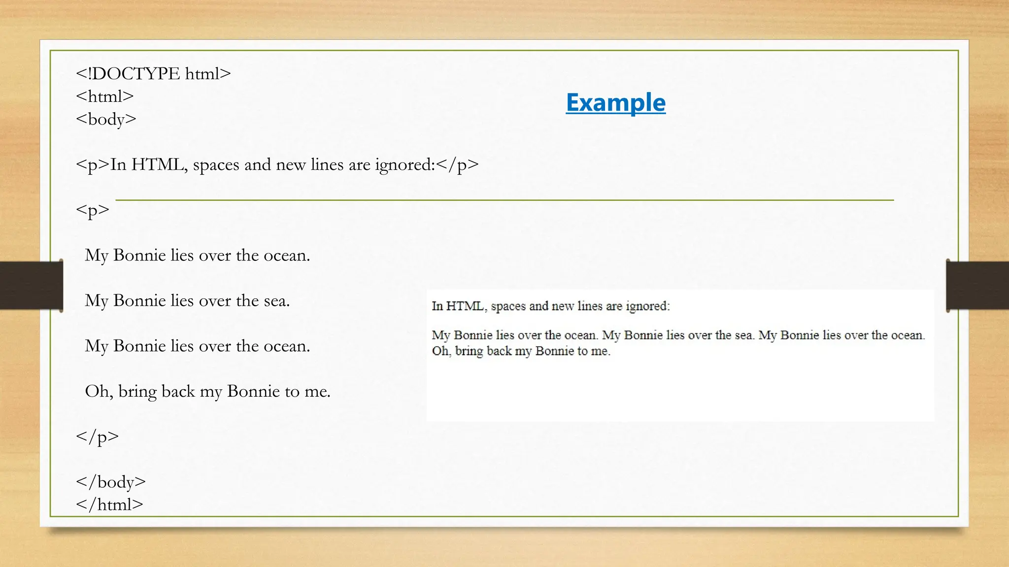 <!DOCTYPE html>
<html>
<body>
<p>In HTML, spaces and new lines are ignored:</p>
<p>
My Bonnie lies over the ocean.
My Bonnie lies over the sea.
My Bonnie lies over the ocean.
Oh, bring back my Bonnie to me.
</p>
</body>
</html>
Example
 