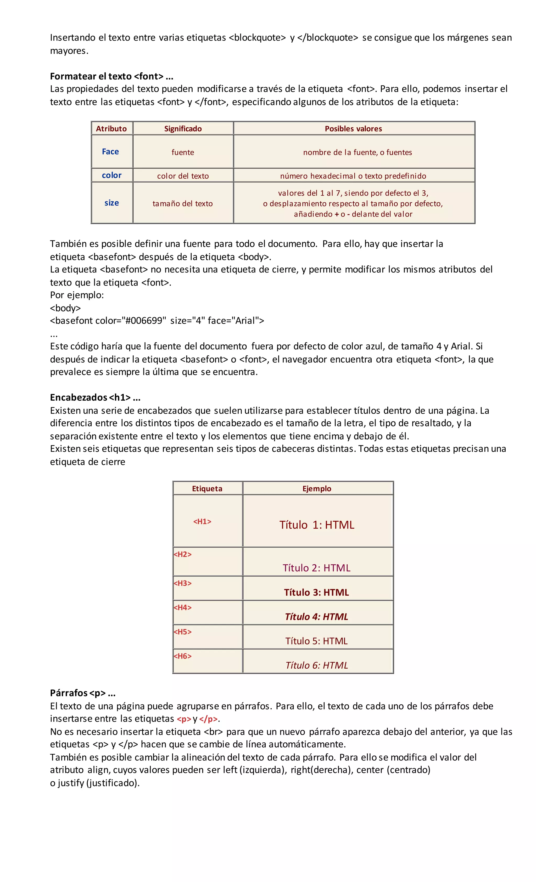 Insertando el texto entre varias etiquetas <blockquote> y </blockquote> se consigue que los márgenes sean
mayores.
Formatear el texto <font> ...
Las propiedades del texto pueden modificarse a través de la etiqueta <font>. Para ello, podemos insertar el
texto entre las etiquetas <font> y </font>, especificando algunos de los atributos de la etiqueta:
Atributo Significado Posibles valores
Face fuente nombre de la fuente, o fuentes
color color del texto número hexadecimal o texto predefinido
size tamaño del texto
valores del 1 al 7, siendo por defecto el 3,
o desplazamiento respecto al tamaño por defecto,
añadiendo + o - delante del valor
También es posible definir una fuente para todo el documento. Para ello, hay que insertar la
etiqueta <basefont> después de la etiqueta <body>.
La etiqueta <basefont> no necesita una etiqueta de cierre, y permite modificar los mismos atributos del
texto que la etiqueta <font>.
Por ejemplo:
<body>
<basefont color="#006699" size="4" face="Arial">
...
Este código haría que la fuente del documento fuera por defecto de color azul, de tamaño 4 y Arial. Si
después de indicar la etiqueta <basefont> o <font>, el navegador encuentra otra etiqueta <font>, la que
prevalece es siempre la última que se encuentra.
Encabezados <h1> ...
Existen una serie de encabezados que suelen utilizarse para establecer títulos dentro de una página. La
diferencia entre los distintos tipos de encabezado es el tamaño de la letra, el tipo de resaltado, y la
separación existente entre el texto y los elementos que tiene encima y debajo de él.
Existen seis etiquetas que representan seis tipos de cabeceras distintas. Todas estas etiquetas precisan una
etiqueta de cierre
Etiqueta Ejemplo
<H1>
Título 1: HTML
<H2>
Título 2: HTML
<H3>
Título 3: HTML
<H4>
Título 4: HTML
<H5>
Título 5: HTML
<H6>
Título 6: HTML
Párrafos <p> ...
El texto de una página puede agruparse en párrafos. Para ello, el texto de cada uno de los párrafos debe
insertarse entre las etiquetas <p>y </p>.
No es necesario insertar la etiqueta <br> para que un nuevo párrafo aparezca debajo del anterior, ya que las
etiquetas <p> y </p> hacen que se cambie de línea automáticamente.
También es posible cambiar la alineación del texto de cada párrafo. Para ello se modifica el valor del
atributo align, cuyos valores pueden ser left (izquierda), right(derecha), center (centrado)
o justify (justificado).
 