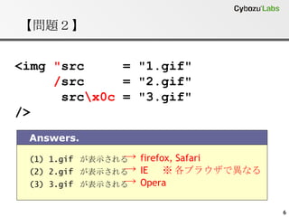 【問題２】 <img  " src  = "1.gif" / src  = "2.gif" src \x0c  = "3.gif" /> (1) 1.gif  が表示される  (2) 2.gif  が表示される  (3) 3.gif  が表示される Answers. ->   firefox, Safari ->   IE  ※ 各ブラウザで異なる ->   Opera 
