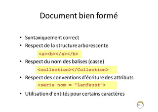 111
Document	bien	formé
• Syntaxiquement	correct
• Respect	de	la	structure	arborescente
• Respect	du	nom	des	balises	(casse)
• Respect	des	conventions	d'écriture	des	attributs
• Utilisation	d'entités	pour	certains	caractères
<collection></Collection>
<serie nom = "Lanfeust">
<a><b></a></b>
 
