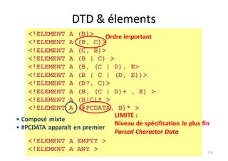 116
DTD	&	élements
<!ELEMENT A (B)>
<!ELEMENT A (B, C)>
<!ELEMENT A (C, B)>
<!ELEMENT A (B | C) >
<!ELEMENT A (B, (C | D), E>
<!ELEMENT A (B | C | (D, E))>
<!ELEMENT A (B?, C)>
<!ELEMENT A (B, (C | D)+ , E) >
<!ELEMENT A (B|C)* >
<!ELEMENT A (#PCDATA, B)* >
<!ELEMENT A EMPTY >
<!ELEMENT A ANY >
• Composé	mixte
• #PCDATA	apparaît	en	premier
Ordre	important
LIMITE	:	
Niveau	de	spécification	le	plus	fin
Parsed Character Data
 