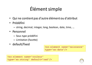 Élément	simple
• Qui	ne	contient	pas	d'autre	élément	ou	d'attribut
• Prédéfini
– string,	decimal,	integer,	long,	boolean,	date,	time,	…
• Personnel
– Sous	type	prédéfini
– Limitation	(facette)
• default/fixed
123
<xs:element name="couleur"
type="xs:string" default="red"/>
<xs:element name="naissance"
type="xs:date"/>
 
