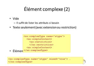 Élément	complexe	(2)
• Vide
– Il	suffit	de	lister	les	attributs	si	besoin
• Texte	seulement	(avec	extension	ou	restriction)
• Éléments	+	texte
126
<xs:complexType name="stype" mixed="true"> …
</xs:complexType>
<xs:complexType name="stype">
<xs:simpleContent>
<xs:restriction>
</xs:restriction>
<xs:simpleContent>
</xs:complexType>
 