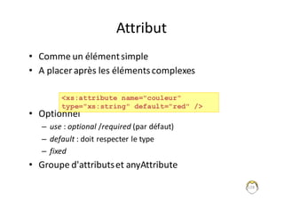 Attribut
• Comme	un	élément	simple
• A	placer	après	les	éléments	complexes
• Optionnel
– use :	optional /required (par	défaut)
– default :	doit	respecter	le	type
– fixed
• Groupe	d'attributs	et	anyAttribute
128
<xs:attribute name="couleur"
type="xs:string" default="red" />
 