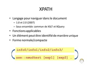 129
XPATH
• Langage	pour	naviguer	dans	le	document
– 1.0	et	2.0	(2007)
– Sous-ensemble	commun	de	XSLT	et	XQuery
• Fonctions	applicables
• Un	élément	peut	être	identifié	de	manière	unique
• Forme	normale/compacte
axe::nœudtest [exp1] [exp2] …
info0/info1/info2/info3/
 