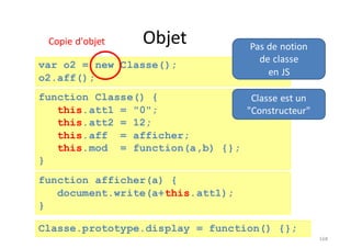 Objet
168
function Classe() {
this.att1 = "0";
this.att2 = 12;
this.aff = afficher;
this.mod = function(a,b) {};
}
var o2 = new Classe();
o2.aff();
function afficher(a) {
document.write(a+this.att1);
}
Classe	est	un	
"Constructeur"
Pas	de	notion	
de	classe
en	JS
Classe.prototype.display = function() {};
Copie	d'objet
 