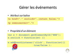 Gérer	les	événements
• Attribut	sur	balise
• Propriété	d'un	élément
182
<a href="…" onclick="…;return false;">
<p onmouseover="…">
var e = document.getElementById("EEE");
e.onclick = function(ev) {}
e.addEventListener('click', function(ev){}
true/false );
 