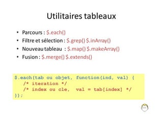 Utilitaires	tableaux
• Parcours	:	$.each()
• Filtre	et	sélection	:	$.grep()	$.inArray()
• Nouveau	tableau		:	$.map()	$.makeArray()
• Fusion	:	$.merge()	$.extends()
193
$.each(tab ou objet, function(ind, val) {
/* iteration */
/* index ou cle, val = tab[index] */
});
 