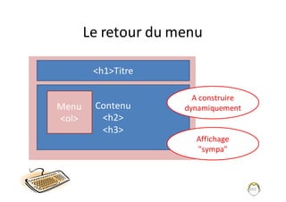 Le	retour	du	menu
202
<h1>Titre
Contenu
<h2>
<h3>
Menu
<ol>
A	construire	
dynamiquement
Affichage	
"sympa"	
 