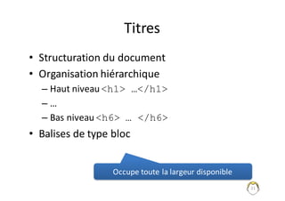 21
Titres	
• Structuration	du	document
• Organisation	hiérarchique
– Haut	niveau	<h1> …</h1>
– …
– Bas	niveau	<h6> … </h6>
• Balises	de	type	bloc
Occupe	toute	la	largeur	disponible
 
