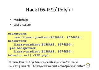 Hack	IE6-IE9	/	Polyfill
• modernizr
• css3pie.com
248
background:
-moz-linear-gradient(#D3DAE9, #576E94);
background:
linear-gradient(#D3DAE9, #576E94);
-pie-background:
linear-gradient(#D3DAE9, #576E94);
behavior:url(./PIE.php);
Et	plein	d'autres	http://reference.sitepoint.com/css/hacks
Pour	les	gradients		:	http://www.colorzilla.com/gradient-editor/
 
