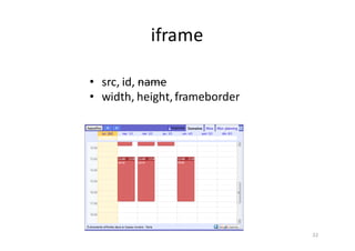 iframe
32
• src,	id,	name
• width,	height,	frameborder
 