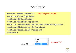 <select>
36
<select name="cours">
<option>C++</option>
<option>C#</option>
<option>Eiffel</option>
<option selected="selected">Java</option>
<option>Objective C</option>
<option>Smalltalk</option>
</select>
multiple size
size="3"
 