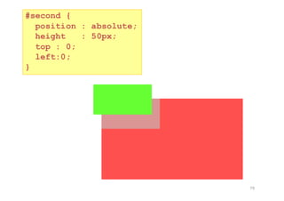 79
#second {
position : absolute;
height : 50px;
top : 0;
left:0;
}
 