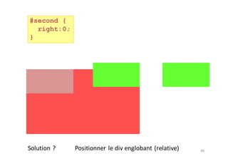 80
#second {
right:0;
}
Solution	?	 Positionner	le	div	englobant	(relative)
 