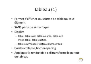 Tableau	(1)
• Permet	d'afficher	sous	forme	de	tableaux	tout	
élément
• SANS	perte	de	sémantique
• Display	
– table,	table-row,	table-column,	table-cell
– Inline-table,	table-caption
– table-row/header/footer/column-group
• border-collapse,	border-spacing
• Appliquer	le	rendu	table-celltransforme	le	parent	
en	tableau
95
 