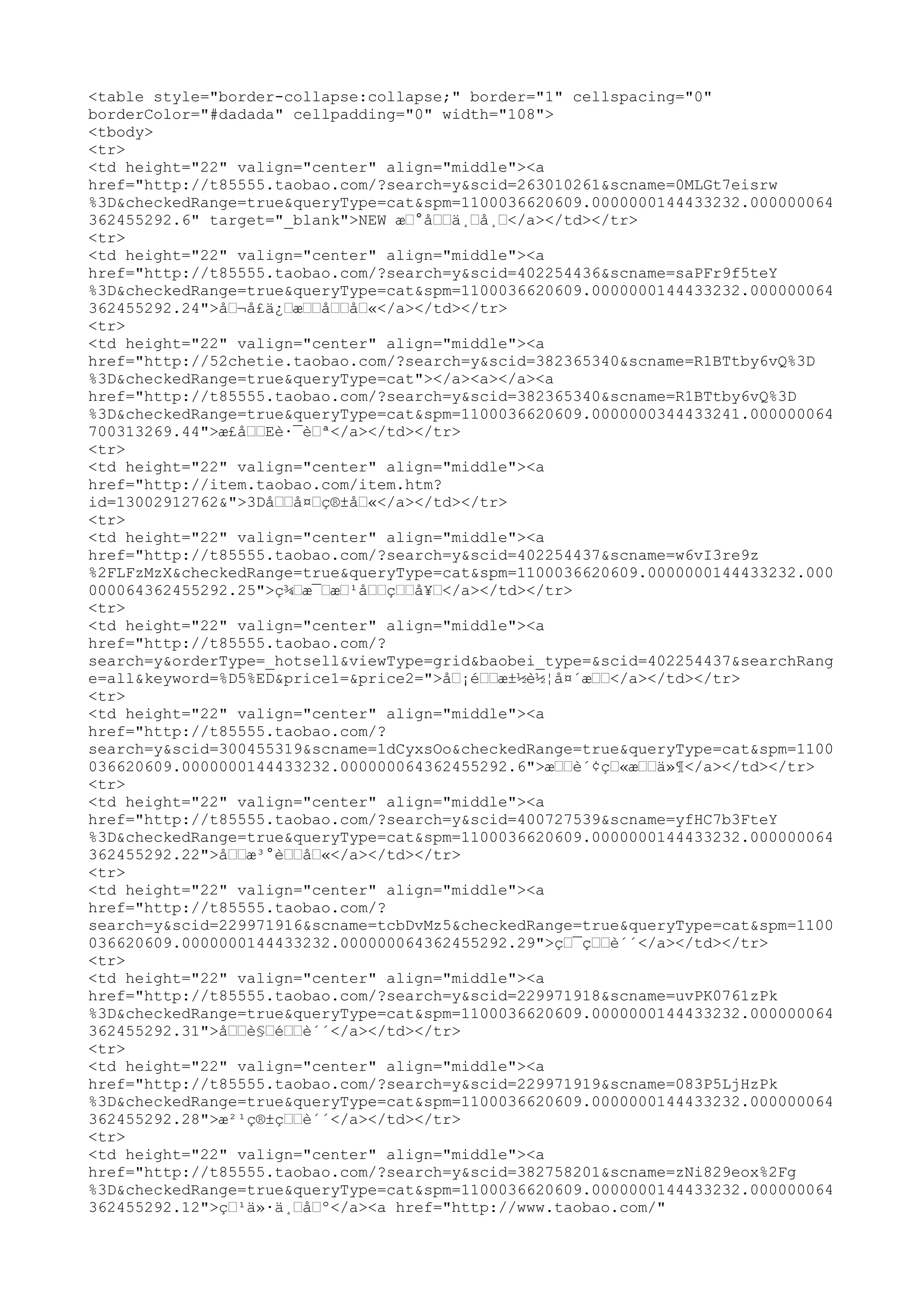 <table style="border-collapse:collapse;" border="1" cellspacing="0"
borderColor="#dadada" cellpadding="0" width="108">
<tbody>
<tr>
<td height="22" valign="center" align="middle"><a
href="http://t85555.taobao.com/?search=y&scid=263010261&scname=0MLGt7eisrw
%3D&checkedRange=true&queryType=cat&spm=1100036620609.0000000144433232.000000064
362455292.6" target="_blank">NEW æœ°åœœä¸œå¸œ</a></td></tr>
<tr>
<td height="22" valign="center" align="middle"><a
href="http://t85555.taobao.com/?search=y&scid=402254436&scname=saPFr9f5teY
%3D&checkedRange=true&queryType=cat&spm=1100036620609.0000000144433232.000000064
362455292.24">åœ¬å£ä¿œæœœåœœåœ«</a></td></tr>
<tr>
<td height="22" valign="center" align="middle"><a
href="http://52chetie.taobao.com/?search=y&scid=382365340&scname=R1BTtby6vQ%3D
%3D&checkedRange=true&queryType=cat"></a><a></a><a
href="http://t85555.taobao.com/?search=y&scid=382365340&scname=R1BTtby6vQ%3D
%3D&checkedRange=true&queryType=cat&spm=1100036620609.0000000344433241.000000064
700313269.44">æ£åœœEè·¯èœª</a></td></tr>
<tr>
<td height="22" valign="center" align="middle"><a
href="http://item.taobao.com/item.htm?
id=13002912762&">3Dåœœå¤œç®±åœ«</a></td></tr>
<tr>
<td height="22" valign="center" align="middle"><a
href="http://t85555.taobao.com/?search=y&scid=402254437&scname=w6vI3re9z
%2FLFzMzX&checkedRange=true&queryType=cat&spm=1100036620609.0000000144433232.000
000064362455292.25">ç¾œæ¯œæœ¹åœœçœœå¥œ</a></td></tr>
<tr>
<td height="22" valign="center" align="middle"><a
href="http://t85555.taobao.com/?
search=y&orderType=_hotsell&viewType=grid&baobei_type=&scid=402254437&searchRang
e=all&keyword=%D5%ED&price1=&price2=">åœ¡éœœæ±½è½¦å¤´æœœ</a></td></tr>
<tr>
<td height="22" valign="center" align="middle"><a
href="http://t85555.taobao.com/?
search=y&scid=300455319&scname=1dCyxsOo&checkedRange=true&queryType=cat&spm=1100
036620609.0000000144433232.000000064362455292.6">æœœè´¢çœ«æœœä»¶</a></td></tr>
<tr>
<td height="22" valign="center" align="middle"><a
href="http://t85555.taobao.com/?search=y&scid=400727539&scname=yfHC7b3FteY
%3D&checkedRange=true&queryType=cat&spm=1100036620609.0000000144433232.000000064
362455292.22">åœœæ³°èœœåœ«</a></td></tr>
<tr>
<td height="22" valign="center" align="middle"><a
href="http://t85555.taobao.com/?
search=y&scid=229971916&scname=tcbDvMz5&checkedRange=true&queryType=cat&spm=1100
036620609.0000000144433232.000000064362455292.29">çœ¯çœœè´´</a></td></tr>
<tr>
<td height="22" valign="center" align="middle"><a
href="http://t85555.taobao.com/?search=y&scid=229971918&scname=uvPK0761zPk
%3D&checkedRange=true&queryType=cat&spm=1100036620609.0000000144433232.000000064
362455292.31">åœœè§œéœœè´´</a></td></tr>
<tr>
<td height="22" valign="center" align="middle"><a
href="http://t85555.taobao.com/?search=y&scid=229971919&scname=083P5LjHzPk
%3D&checkedRange=true&queryType=cat&spm=1100036620609.0000000144433232.000000064
362455292.28">æ²¹ç®±çœœè´´</a></td></tr>
<tr>
<td height="22" valign="center" align="middle"><a
href="http://t85555.taobao.com/?search=y&scid=382758201&scname=zNi829eox%2Fg
%3D&checkedRange=true&queryType=cat&spm=1100036620609.0000000144433232.000000064
362455292.12">çœ¹ä»·ä¸œåœº</a><a href="http://www.taobao.com/"
 