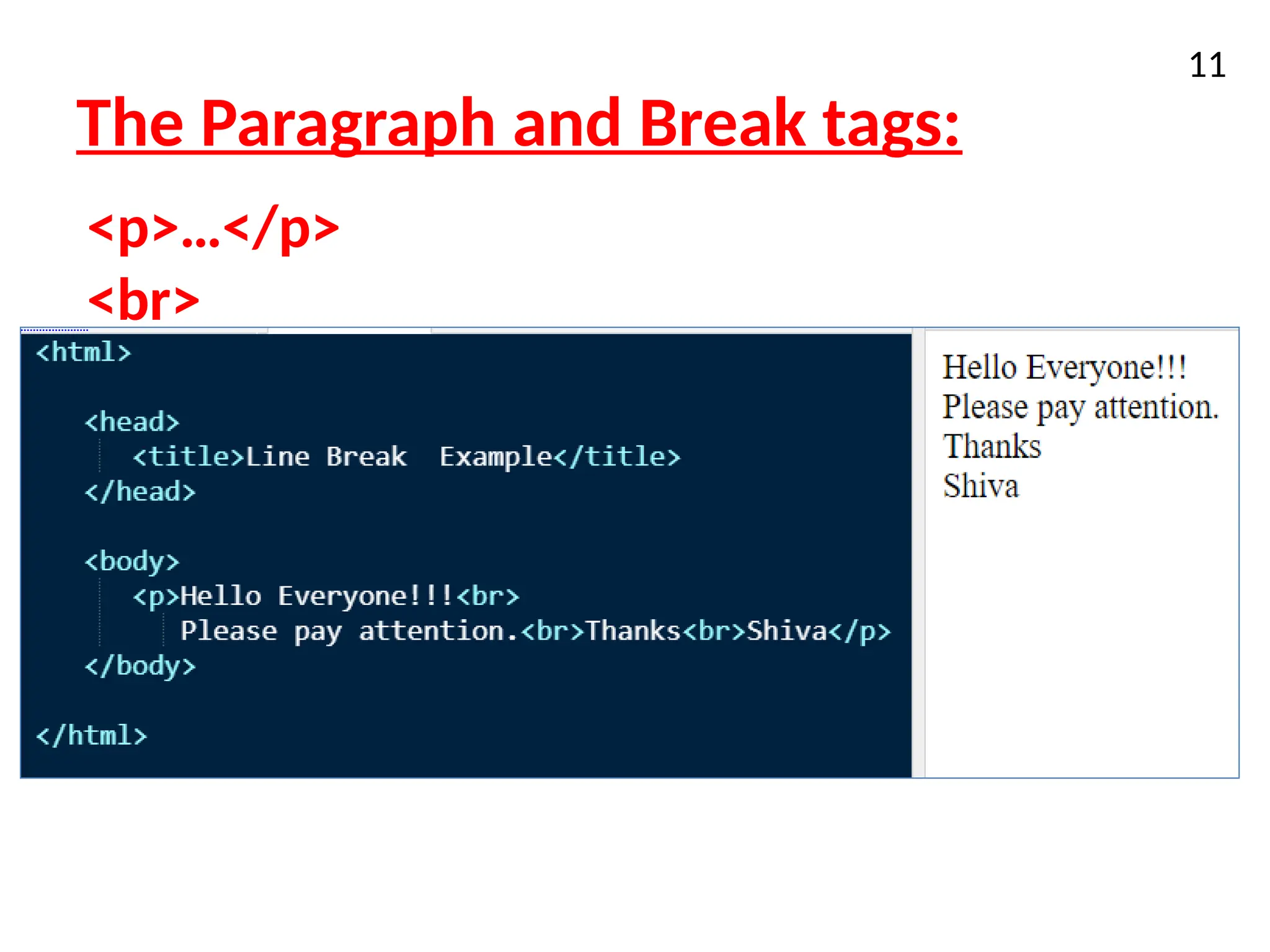 The Paragraph and Break tags:
11
<p>…</p>
<br>
 