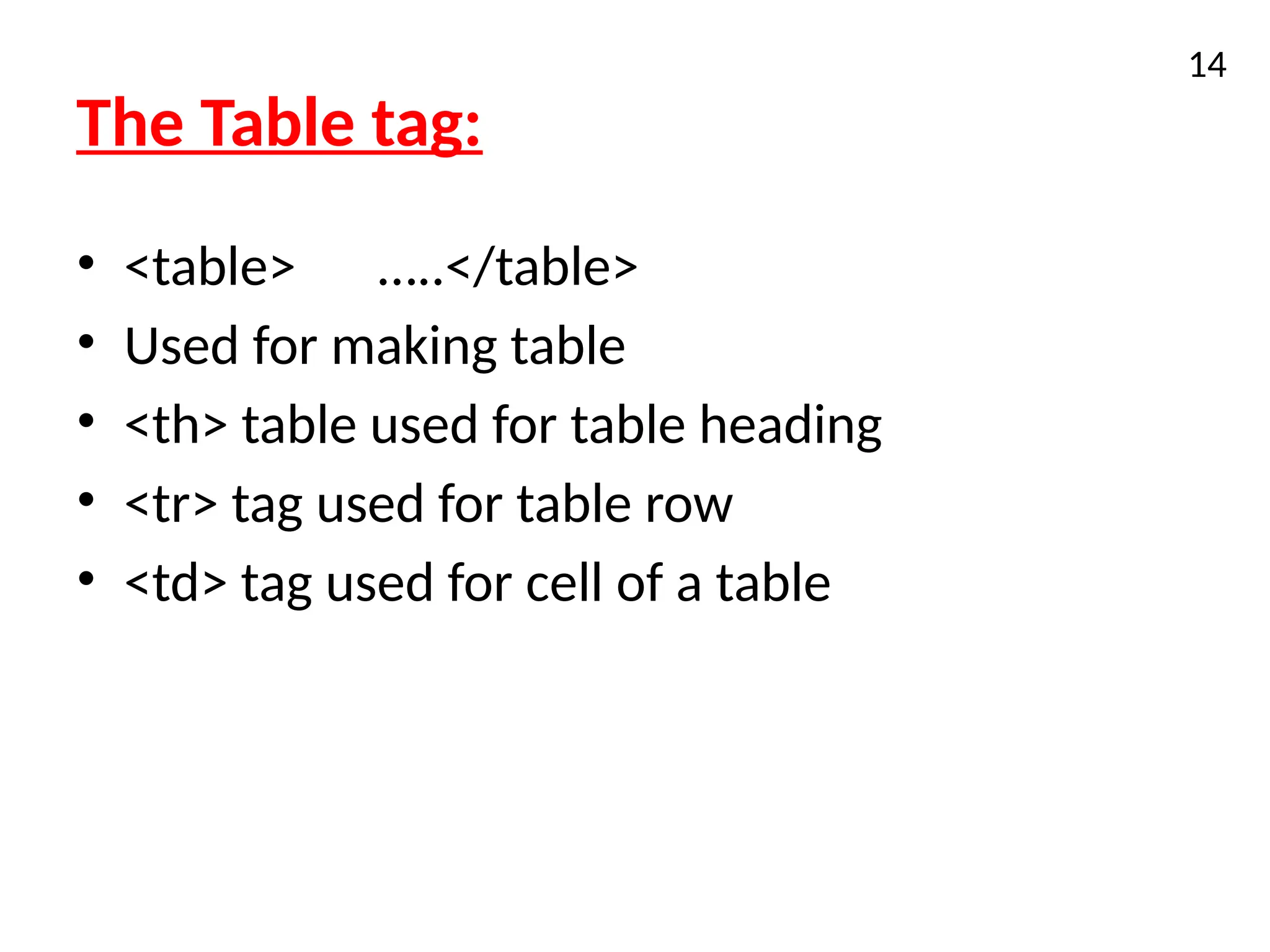 The Table tag:
• <table> …..</table>
• Used for making table
• <th> table used for table heading
• <tr> tag used for table row
• <td> tag used for cell of a table
14
 