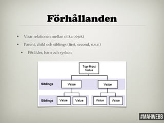 Förhållanden 
• Visar relationen mellan olika objekt! 
• Parent, child och siblings (first, second, o.s.v.)! 
• Förälder, barn och syskon! 
 