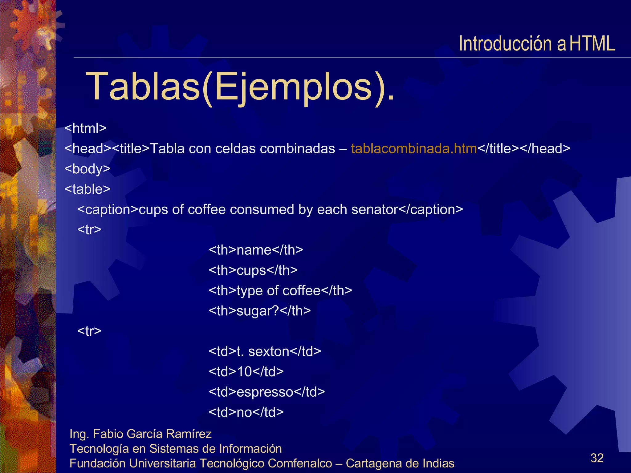 Tablas(Ejemplos). <html> <head><title>Tabla con celdas combinadas –  tablacombinada.htm </title></head> <body> <table> <caption>cups of coffee consumed by each senator</caption> <tr> <th>name</th> <th>cups</th> <th>type of coffee</th> <th>sugar?</th> <tr> <td>t. sexton</td> <td>10</td> <td>espresso</td> <td>no</td> Introducción a HTML  