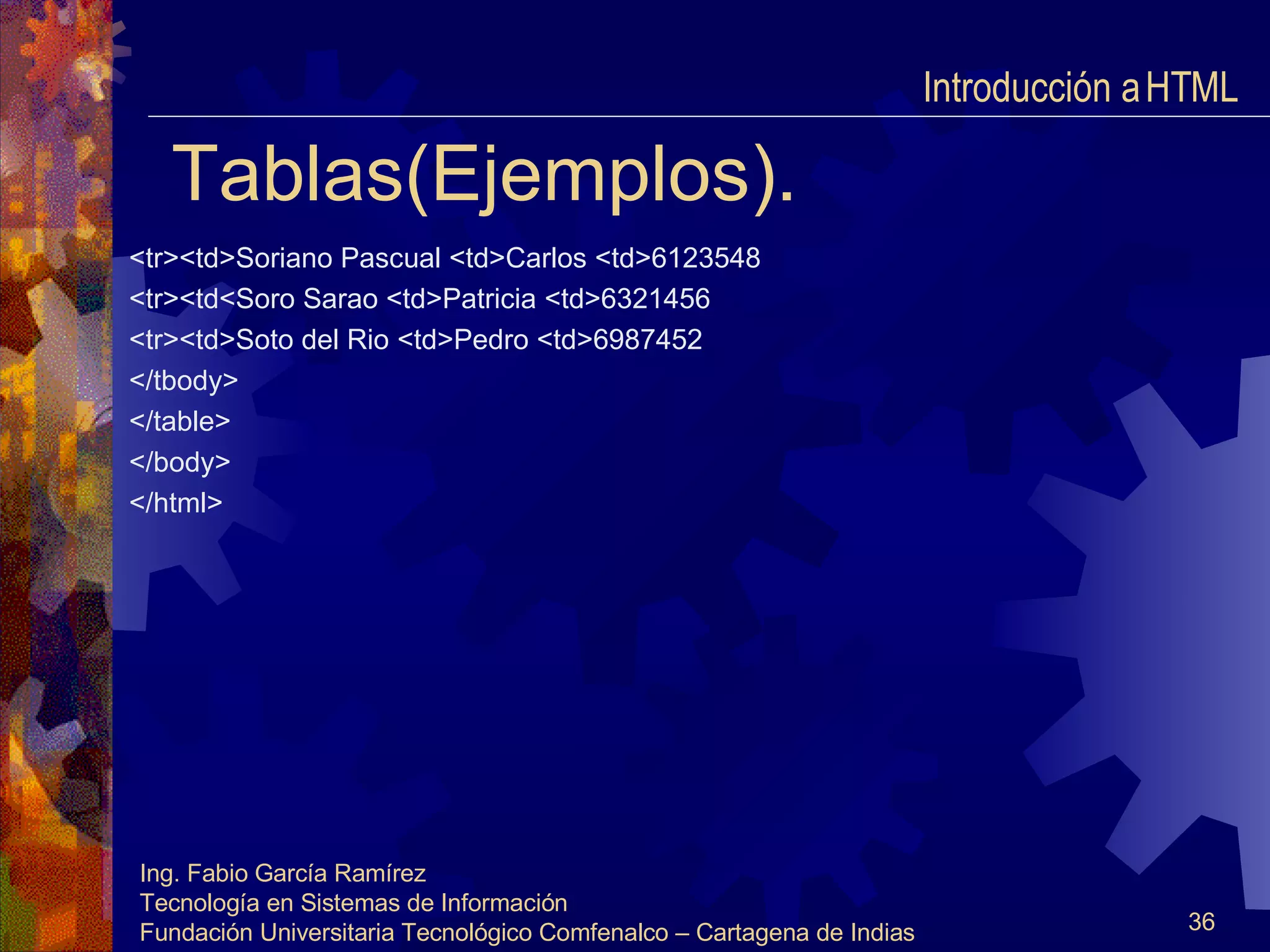Tablas(Ejemplos). <tr><td>Soriano Pascual <td>Carlos <td>6123548 <tr><td<Soro Sarao <td>Patricia <td>6321456 <tr><td>Soto del Rio <td>Pedro <td>6987452 </tbody> </table> </body> </html> Introducción a HTML  