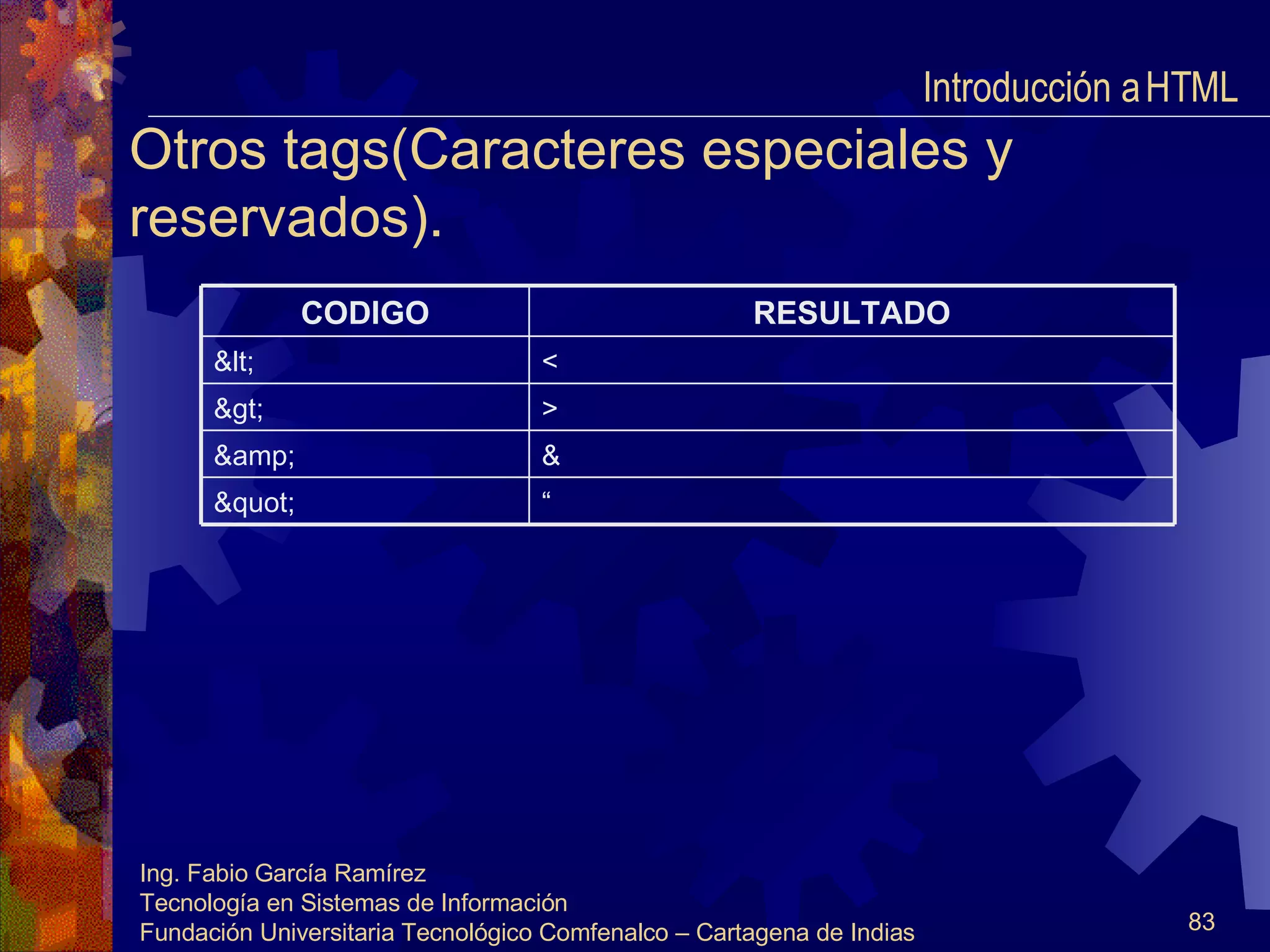 Otros tags(Caracteres especiales y reservados). Introducción a HTML  “  & quot; & & amp; > & gt; < & lt; RESULTADO CODIGO 