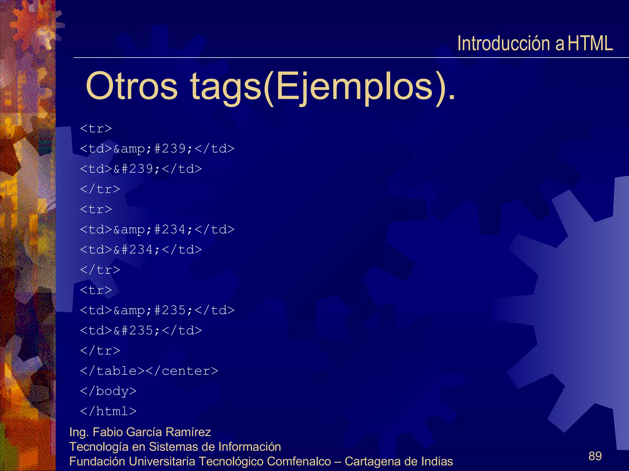 Otros tags(Ejemplos). <tr> <td>&amp;#239;</td> <td>ï</td> </tr> <tr> <td>&amp;#234;</td> <td>ê</td> </tr> <tr> <td>&amp;#235;</td> <td>ë</td> </tr> </table></center> </body> </html> Introducción a HTML  