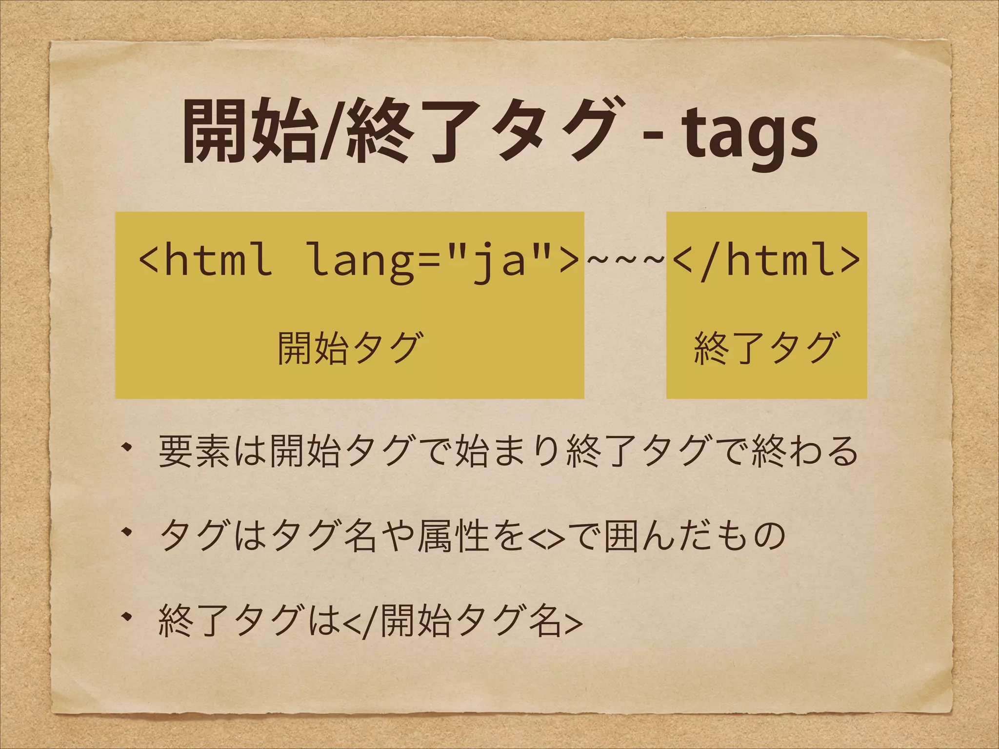 開始/終了タグ - tags
<html lang="ja">~~~</html>
開始タグ

終了タグ

要素は開始タグで始まり終了タグで終わる
タグはタグ名や属性を<>で囲んだもの
終了タグは</開始タグ名>

 