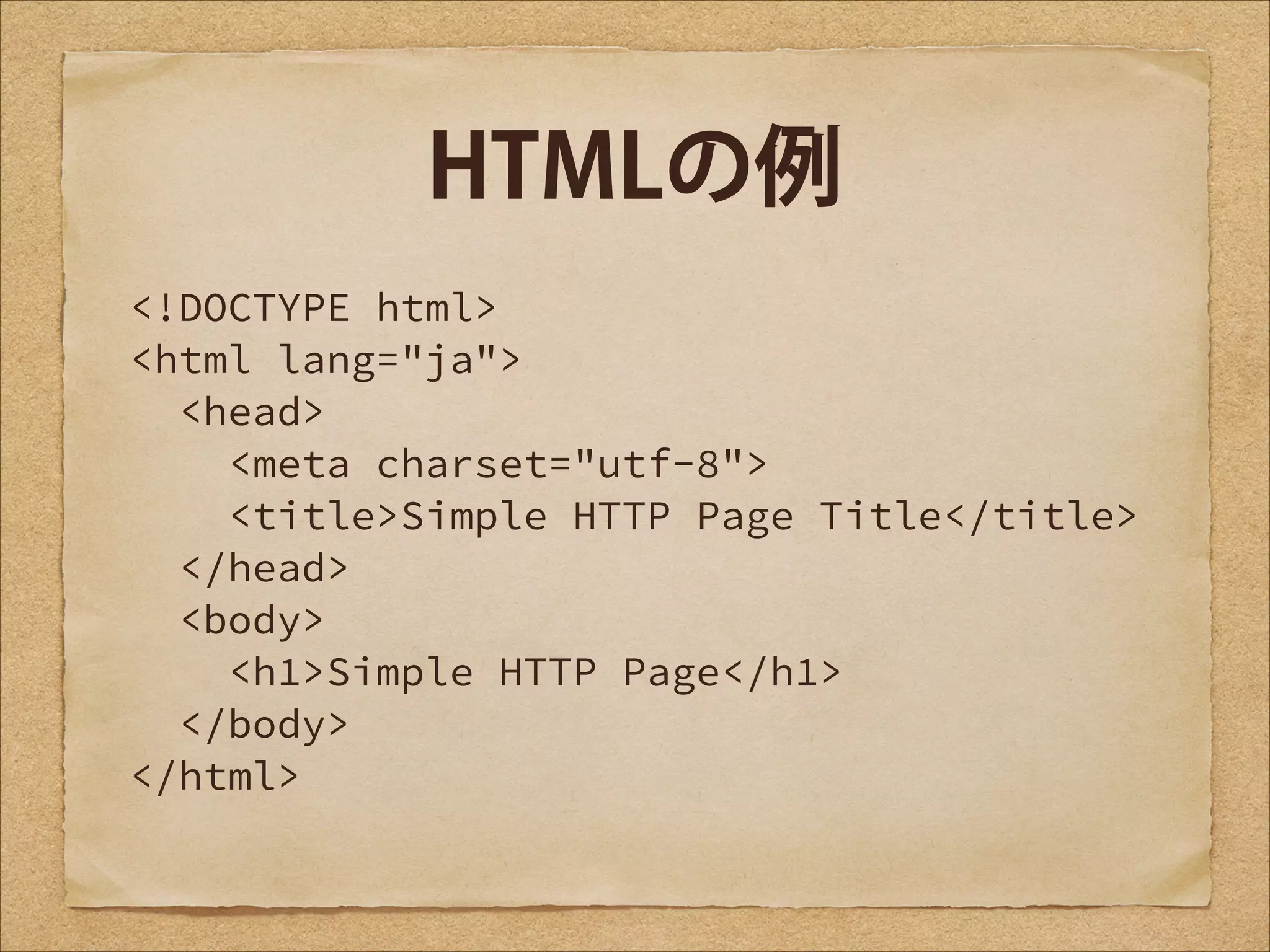 HTMLの例
<!DOCTYPE html>
<html lang="ja">
<head>
<meta charset="utf-8">
<title>Simple HTTP Page Title</title>
</head>
<body>
<h1>Simple HTTP Page</h1>
</body>
</html>

 