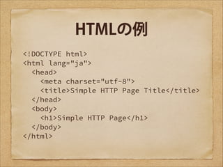HTMLの例
<!DOCTYPE html>
<html lang="ja">
<head>
<meta charset="utf-8">
<title>Simple HTTP Page Title</title>
</head>
<body>
<h1>Simple HTTP Page</h1>
</body>
</html>

 