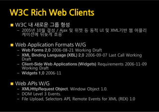 HTML W/ G 발족




600 여명의 외부 Invited Expert (W3C 사상 최초 )
 공개 메일링리스트 및 W     HATW 와 병행 해서 표준안
                         G
작업
 