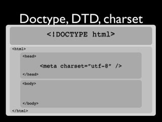 Doctype, DTD, charset
                <!DOCTYPE html>
<html>
    <head>

              <meta charset=”utf-8” />
    </head>

    <body>




    </body>
</html>
 