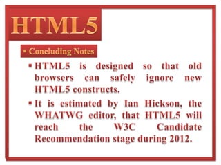 Embedded Content & Multimedia CanvasHTML 5 has introduced the <canvas> tag for adding dynamic and interactive graphics to our web page.It is proving to be extremely useful for graphs, applications, games and puzzles and many more.