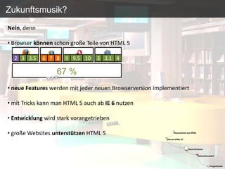 Zukunftsmusik?
Nein, denn

• Browser können schon große Teile von HTML 5

  2 3 3.5    6 7 8    9 9.5 10    3 3.1 4

                  67 %
• neue Features werden mit jeder neuen Browserversion implementiert

• mit Tricks kann man HTML 5 auch ab IE 6 nutzen

• Entwicklung wird stark vorangetrieben

• große Websites unterstützen HTML 5
 