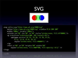 SVG


<svg xmlns:svg="http://www.w3.org/2000/svg"
    xmlns="http://www.w3.org/2000/svg" viewBox="0 0 200 100"
    width="200px" height="100px">
    <circle cx="50" cy="50" r="30" style="stroke:none; fill:#ff0000;"/>
    <g transform="translate(100, 20) scale(1.65)">
         <polygon points="36 25, 25 36, 11 36, 0 25,
             0 11, 11 0, 25 0, 36 11"
             style="stroke:none; fill:#0000ff;" />
    </g>
    <rect x="60" y="20" height="60" width="60"
         style="stroke:none; fill:#00ff00; fill-opacity: 0.5;" />
</svg>
 