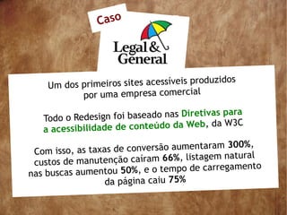 Caso




                                           uzidos
    Um dos primeiros sites acessíveis prod
           por uma empresa comercial
                                                   ra
   Todo o Rede   sign foi baseado nas Diretivas pa
                                             da W3C
   a acessi bilidade de conteúdo da Web,

 Com isso, as taxas de conversão aumentaram 300%,
                                                    l
 custos de manuten  ção caíram 66%, listagem natura
nas buscas aumentou 50  %, e o tempo de carregamento
                  da página caiu 75%
 