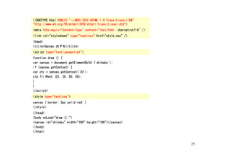 <!DOCTYPE html PUBLIC "-//W3C//DTD XHTML 1.0 Transitional//EN"
"http://www.w3.org/TR/xhtml1/DTD/xhtml1-transitional.dtd">
<meta http-equiv="Content-Type" content="text/html; charset=utf-8" />
<link rel="stylesheet" type="text/css" href="style.css" />
<head>
<title>Canvas のデモ</title>
<script type="text/javascript">
function draw () {
var canvas = document.getElementById ('shikaku');
if (canvas.getContext) {
var ctx = canvas.getContext('2d');
ctx.fillRect (25, 25, 50, 50);
}
}
</script>
<style type="text/css">
canvas { border: 2px solid red; }
</style>
</head>
<body onLoad="draw ();">
<canvas id="shikaku" width="100" height="100"></canvas>
</body>
</html>


                                                                        25
 