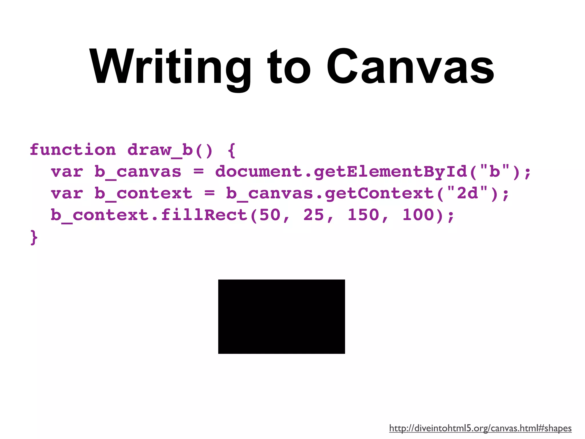 Writing to Canvas
function draw_b() {
  var b_canvas = document.getElementById("b");
  var b_context = b_canvas.getContext("2d");
  b_context.fillRect(50, 25, 150, 100);
}




                                http://diveintohtml5.org/canvas.html#shapes
 