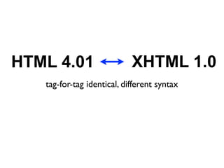HTML 4.01                   XHTML 1.0
   tag-for-tag identical, different syntax
 