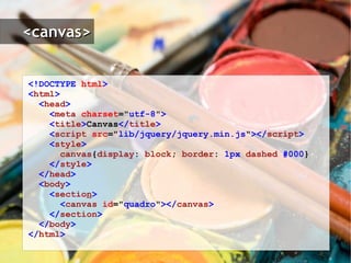 <!DOCTYPE   html > < html > < head > < meta   charset =" utf-8 " > < title > Canvas </ title > < script   src =" lib/jquery/jquery.min.js " ></ script > < style > canvas { display :   block ;   border :   1px   dashed   #000 } </ style > </ head > < body > < sectio n > < canvas   id = " quadro " ></ canvas > </ section > </ body > </ html > 