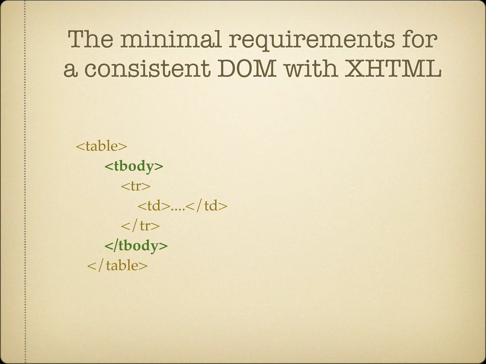 The minimal requirements for
a consistent DOM with XHTML

<table>
    <tbody>
       <tr>
         <td>....</td>
       </tr>
    </tbody>
 </table>
 