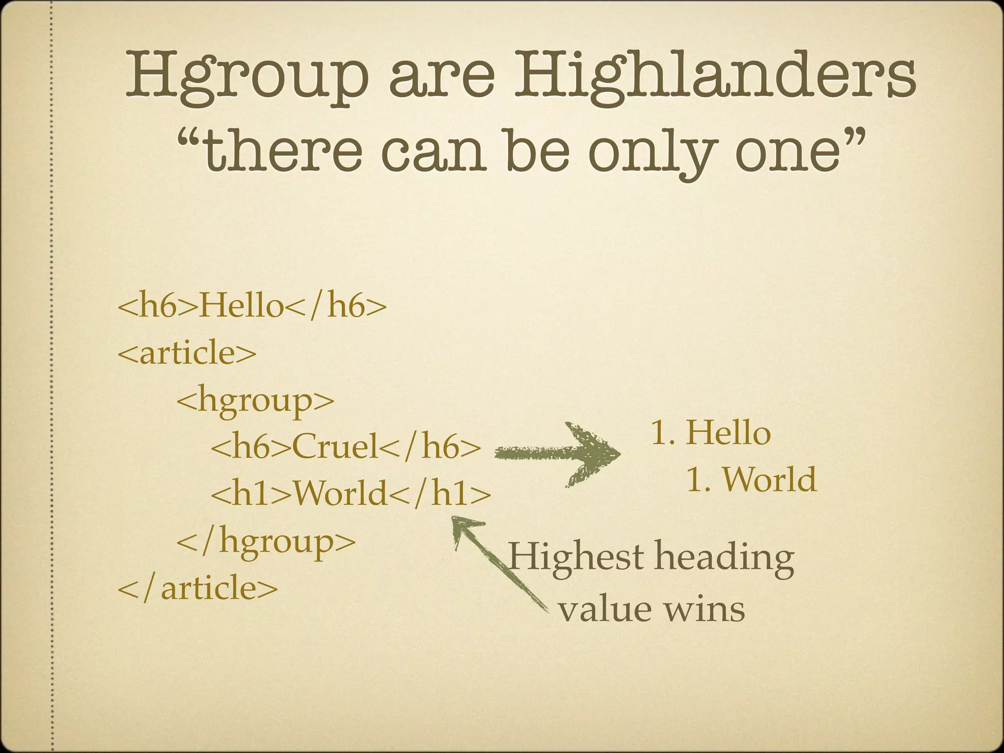 Hgroup are Highlanders
   “there can be only one”

<h6>Hello</h6>
<article>
    <hgroup>
      <h6>Cruel</h6>         1. Hello
      <h1>World</h1>            1. World
    </hgroup>        Highest heading
</article>
                         value wins
 