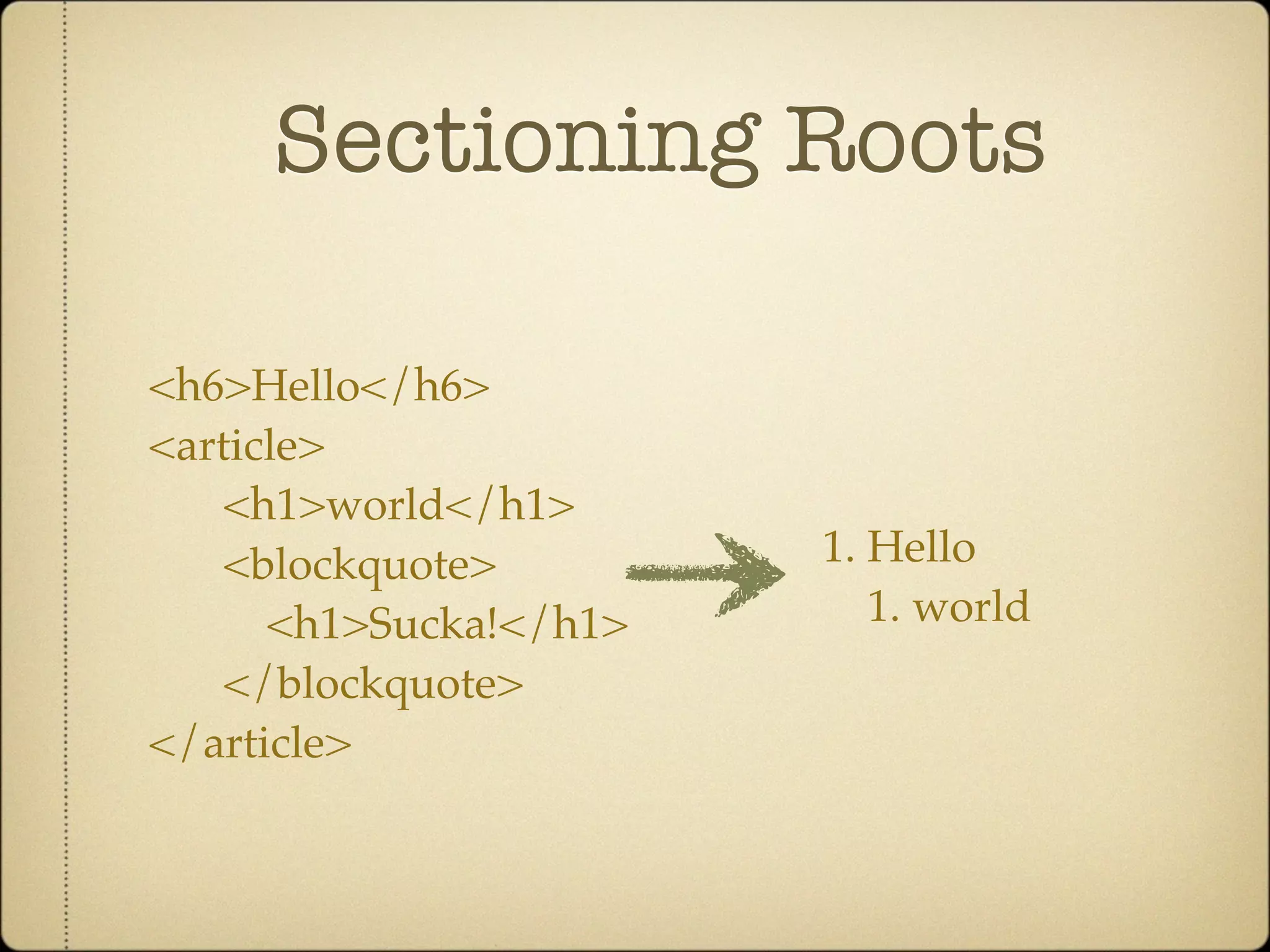 Sectioning Roots

<h6>Hello</h6>
<article>
    <h1>world</h1>
    <blockquote>        1. Hello
      <h1>Sucka!</h1>      1. world
    </blockquote>
</article>
 