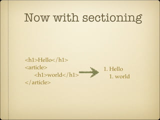 Now with sectioning


<h1>Hello</h1>
<article>            1. Hello
    <h1>world</h1>      1. world
</article>
 