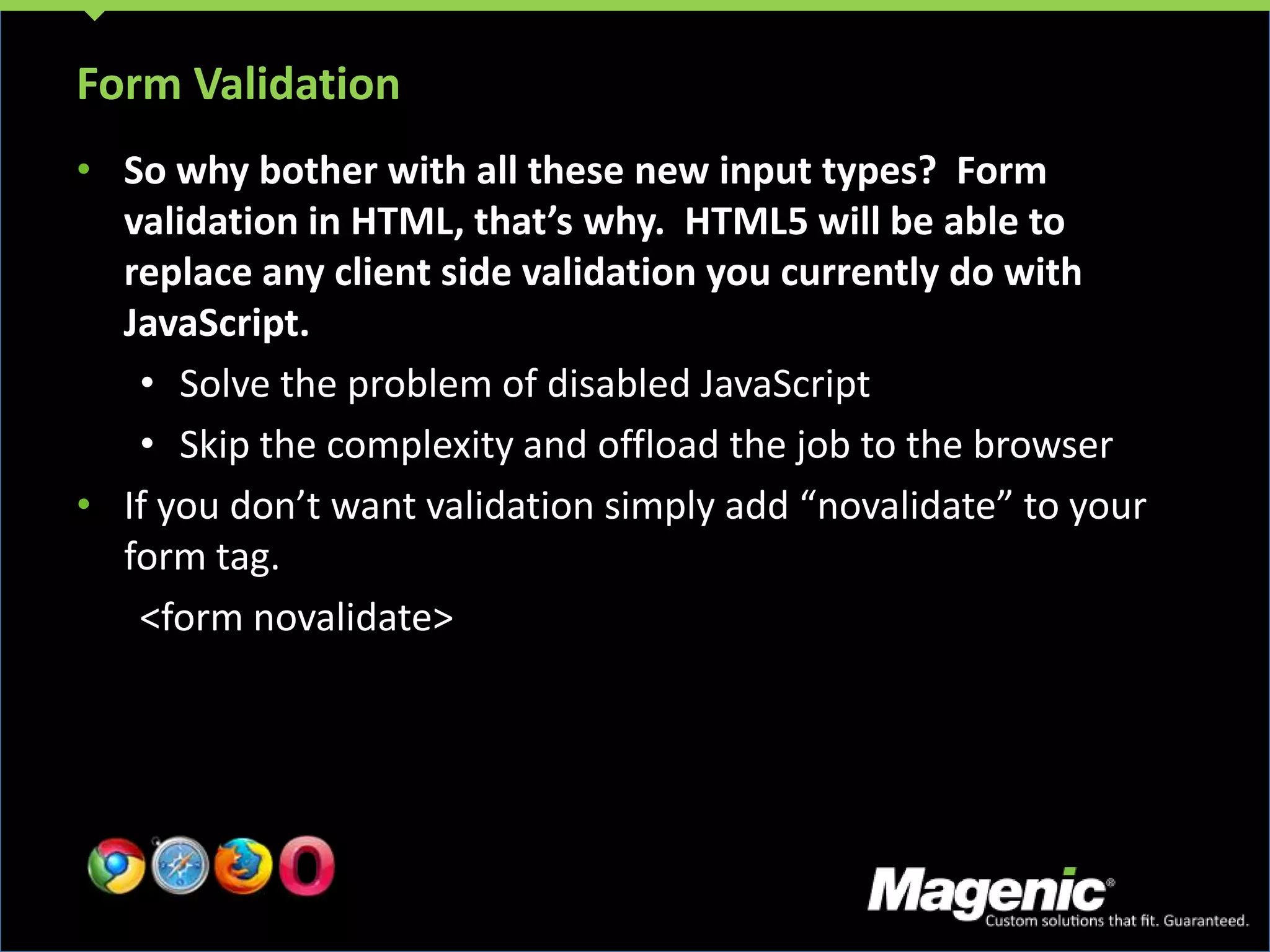 What does it all mean?HTML5 gives browsers a new way to understand your content.New tags can be used to replace some of those <div> tags.Better content models mean better accessibility and more efficiency for screen readers.More granular outlines mean more flexible use of standard HTML headers such as <h1> 
