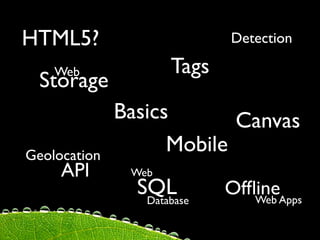 HTML5?                      Detection

    Web              Tags
  Storage
              Basics       Canvas
Geolocation
                    Mobile
     API       Web
                SQL
                 Database
                            OfﬂineApps
                               Web
 