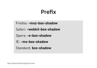 Prefix
Firefox: -moz-box-shadow
Safari: -webkit-box-shadow
Opera: -o-box-shadow
IE: -ms-box-shadow
Standard: box-shadow
http://diveintohtml5.org/forms.html
 