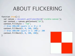 ABOUT FLICKERING
function draw() {
  var canvas = document.getElementById('visible-canvas');
  var context = canvas.getContext('2d');
  context.fillStyle = 'red';
  // Draw 200x200 square in x: 0 y: 0
  context.fillRect(0, 0, 200, 200);
  // Draw 200x200 square in x: 200 y: 200
  context.fillRect(0, 0, 200, 200);
}
 