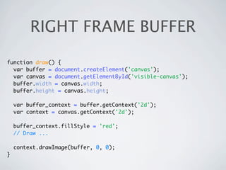 RIGHT FRAME BUFFER

function draw() {
  var buffer = document.createElement('canvas');
  var canvas = document.getElementById('visible-canvas');
  buffer.width = canvas.width;
  buffer.height = canvas.height;

    var buffer_context = buffer.getContext('2d');
    var context = canvas.getContext('2d');

    buffer_context.fillStyle = 'red';
    // Draw ...

    context.drawImage(buffer, 0, 0);
}
 